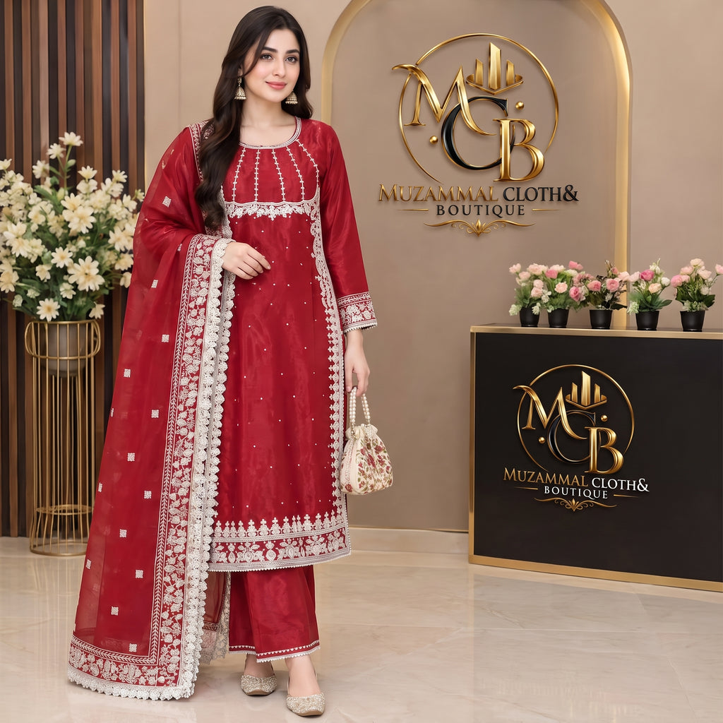 Ruby Red Embroidered 3-Piece Suit with Organza Dupatta