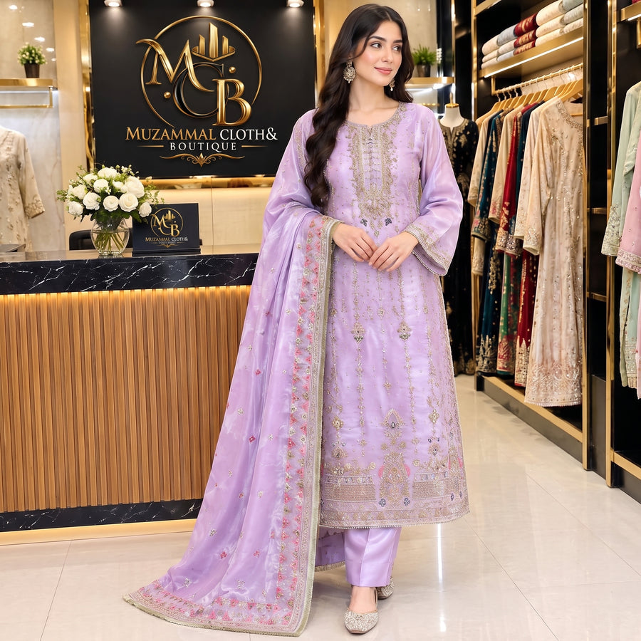 Lavender Lilac Luxury Embroidered 3-Piece Suit