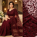 Royal Burgundy & Deep Maroon Embroidered Sequin Saree – Luxury Party Wear