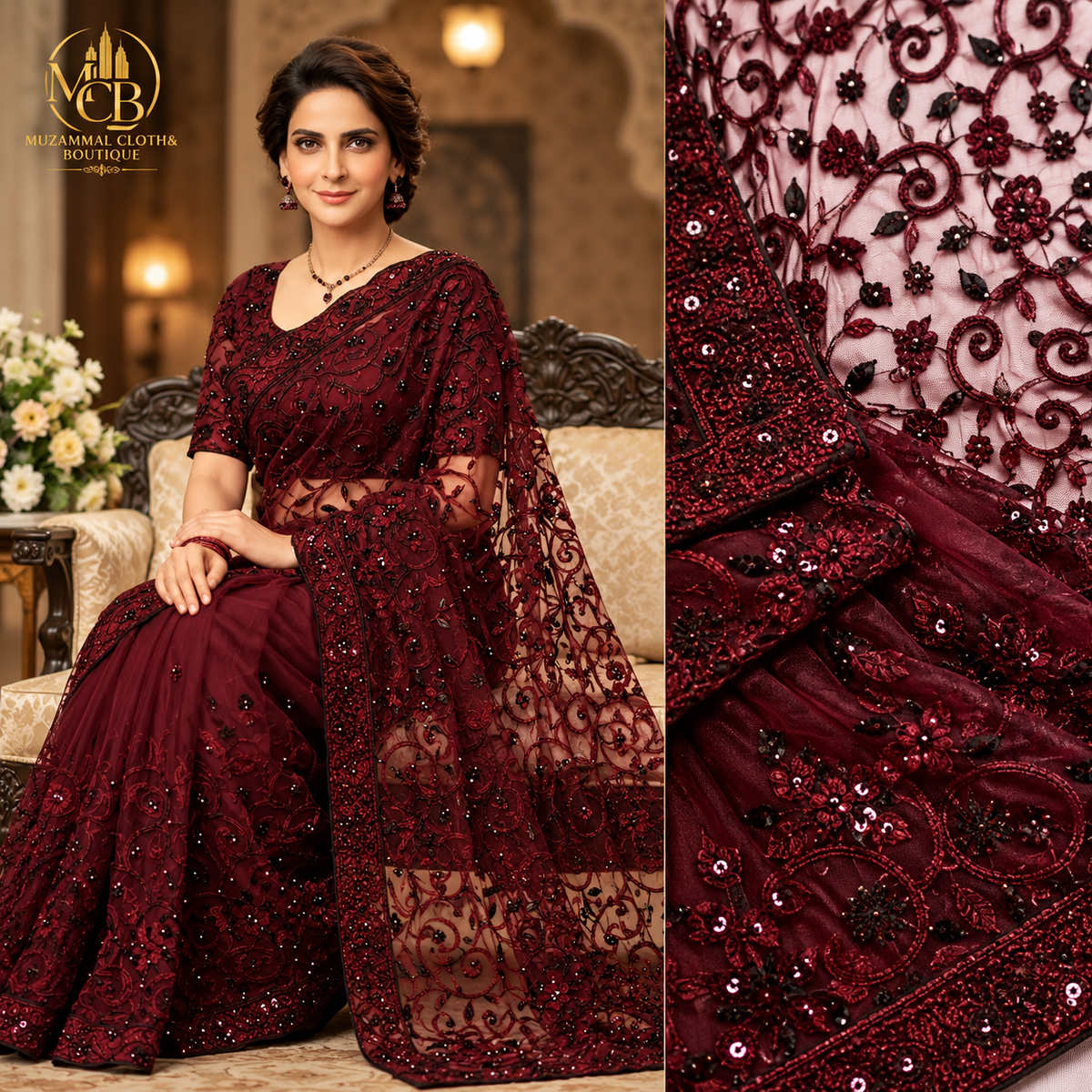 Royal Burgundy & Deep Maroon Embroidered Sequin Saree – Luxury Party Wear
