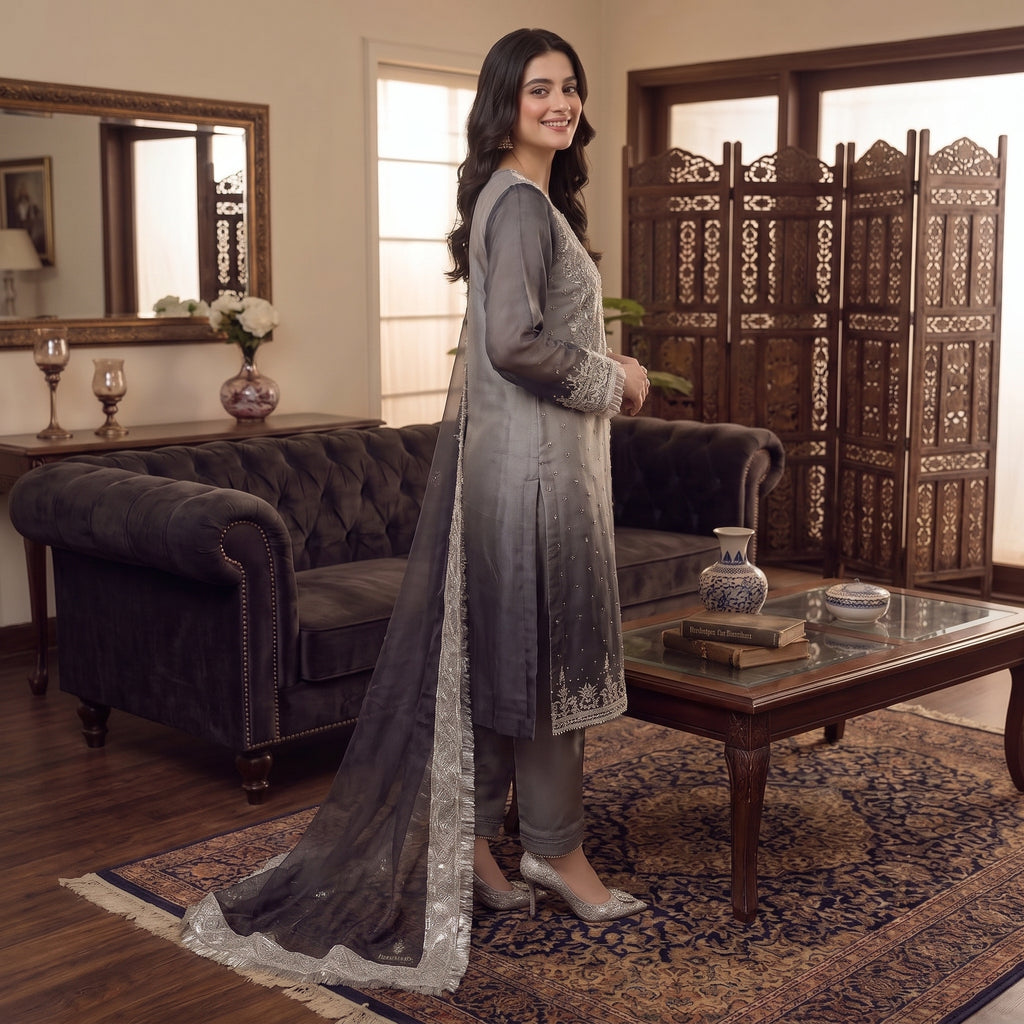 Silver Grey Luxury Embroidered 3-Piece Suit