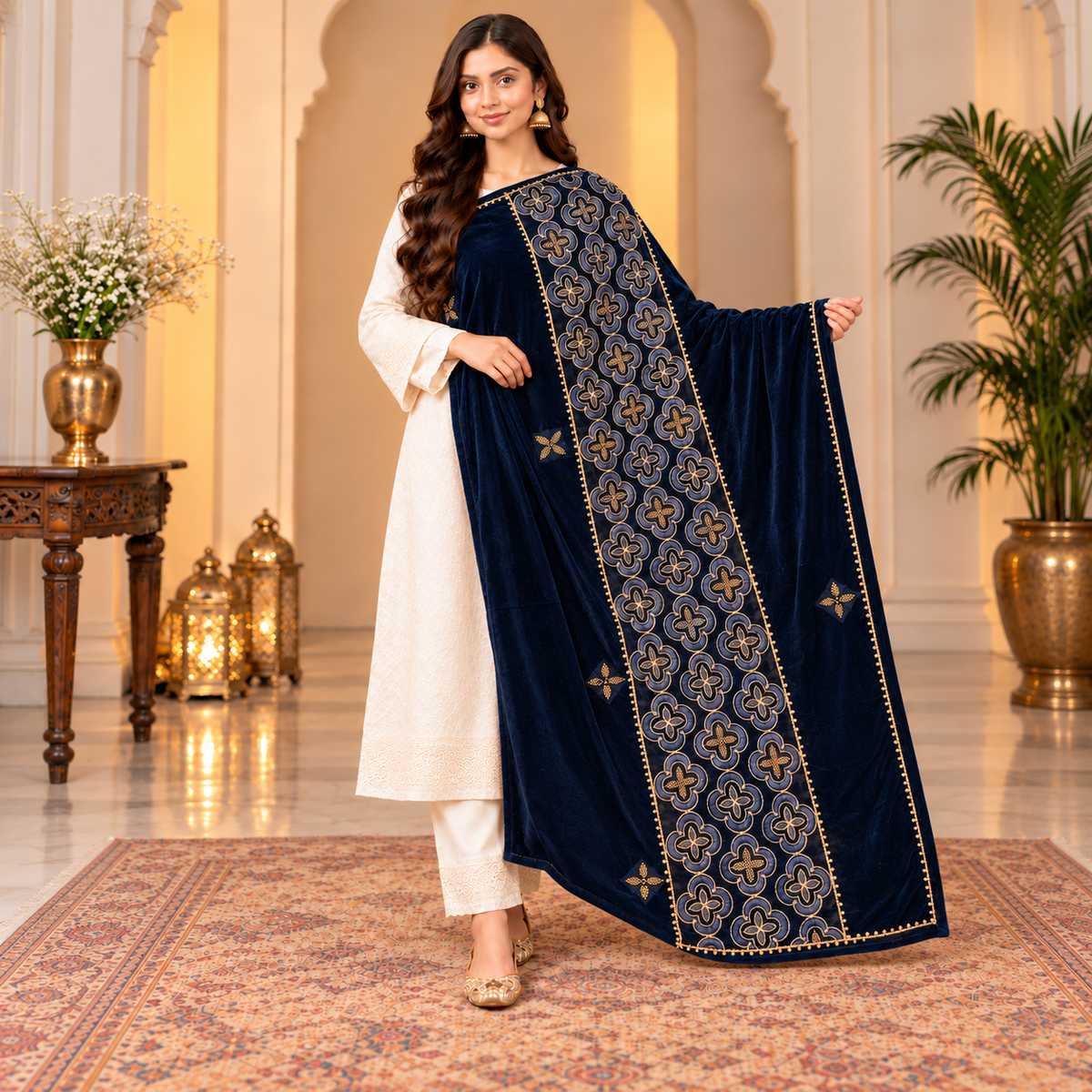 Royal Navy Blue Velvet Embroidered Shawl