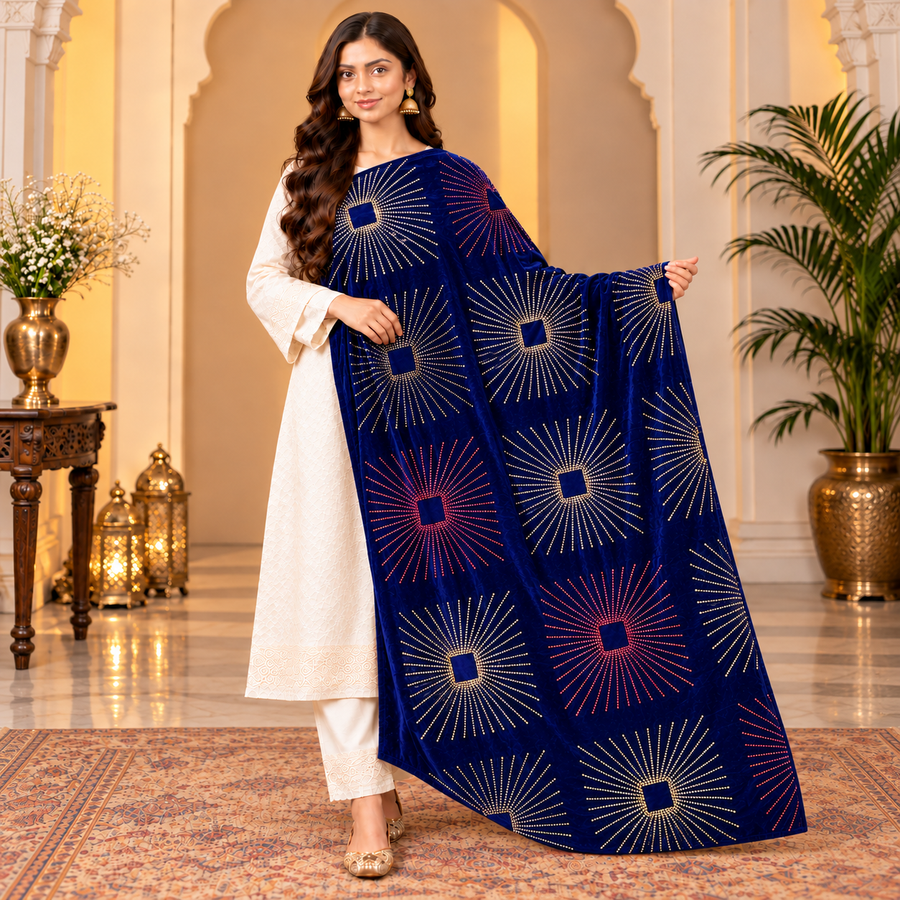 Royal Navy Blue Velvet Embroidered Shawl