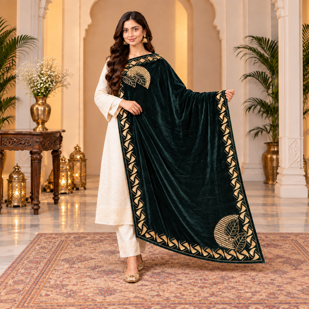 Luxury Deep Emerald Green Velvet Embroidered Shawl