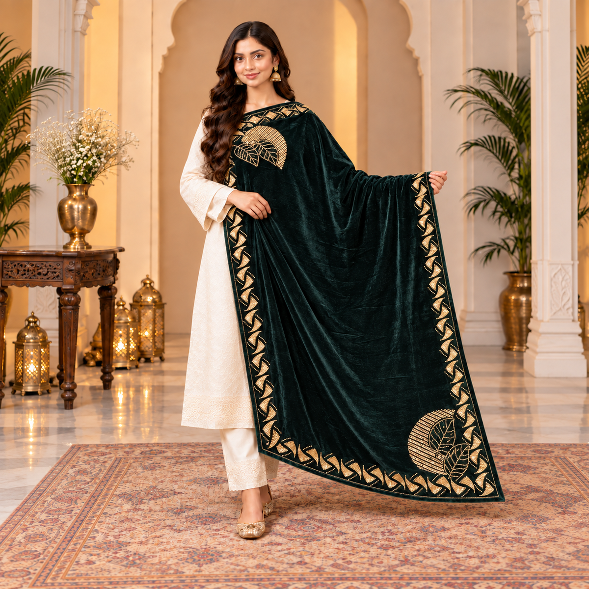 Luxury Deep Emerald Green Velvet Embroidered Shawl