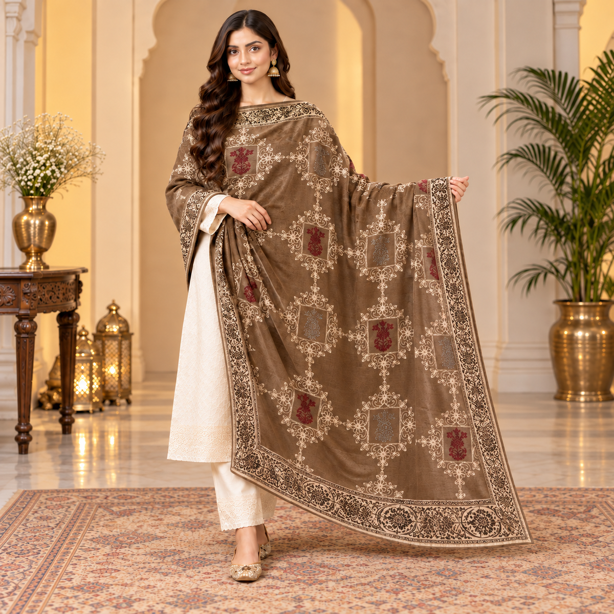 Luxury Mocha Brown Printed Shawl