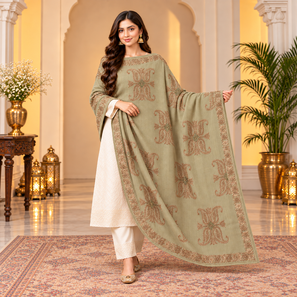 Elegant Sage Green Embroidered Shawl