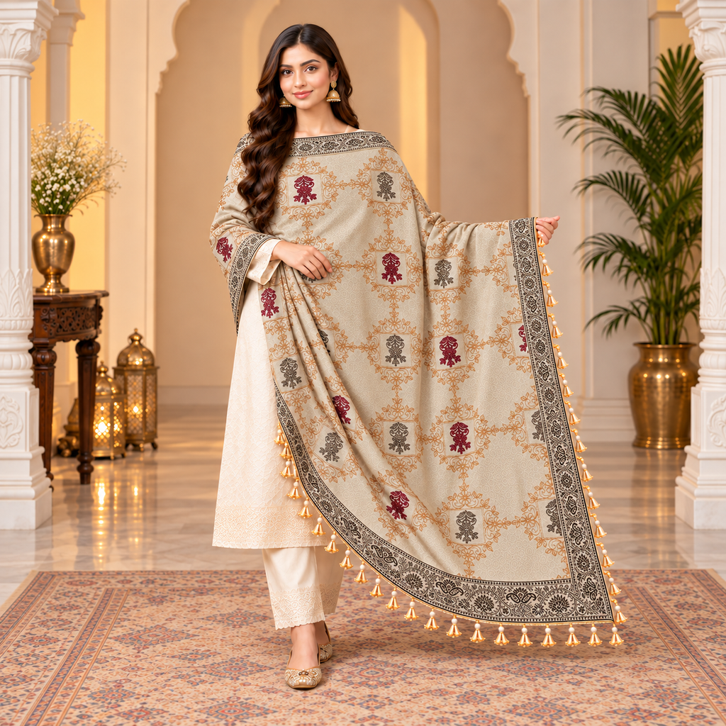 Elegant Cream Printed Embroidered Shawl