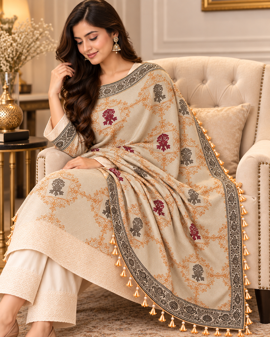 Elegant Cream Printed Embroidered Shawl