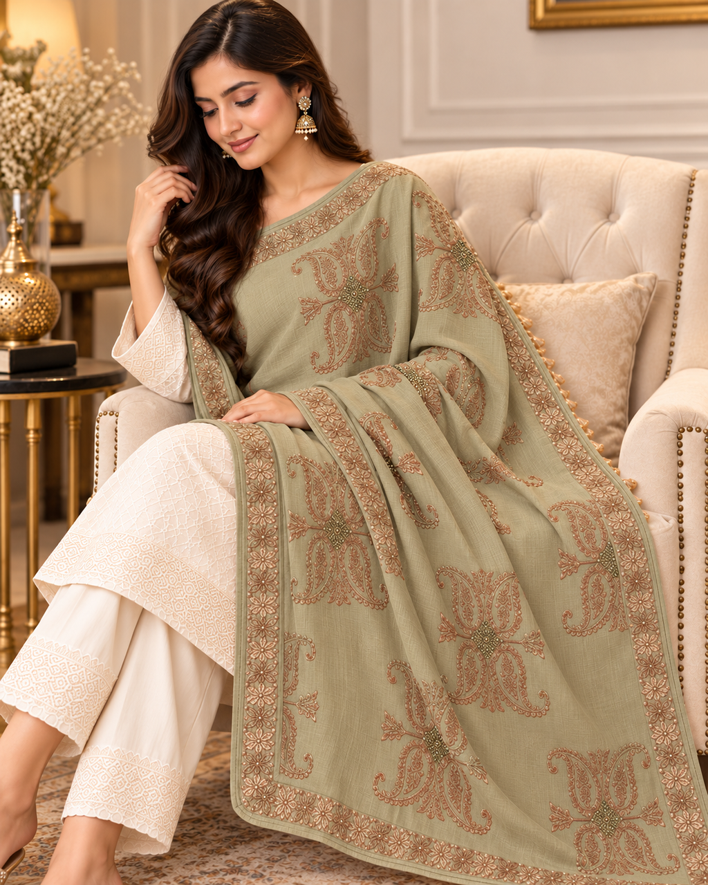 Elegant Sage Green Embroidered Shawl