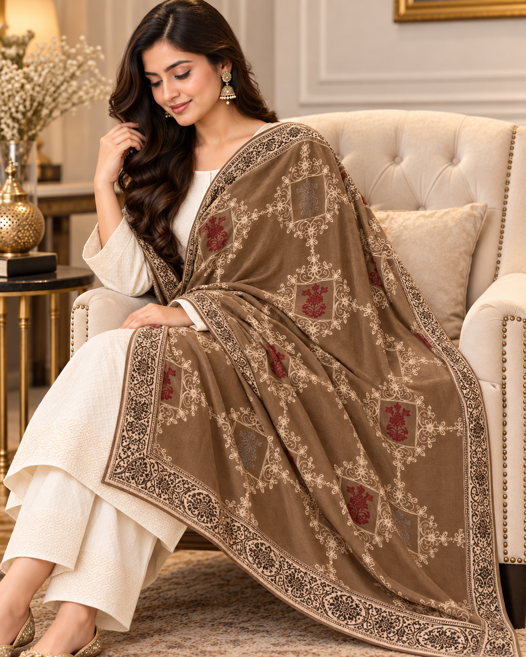 Luxury Mocha Brown Printed Shawl