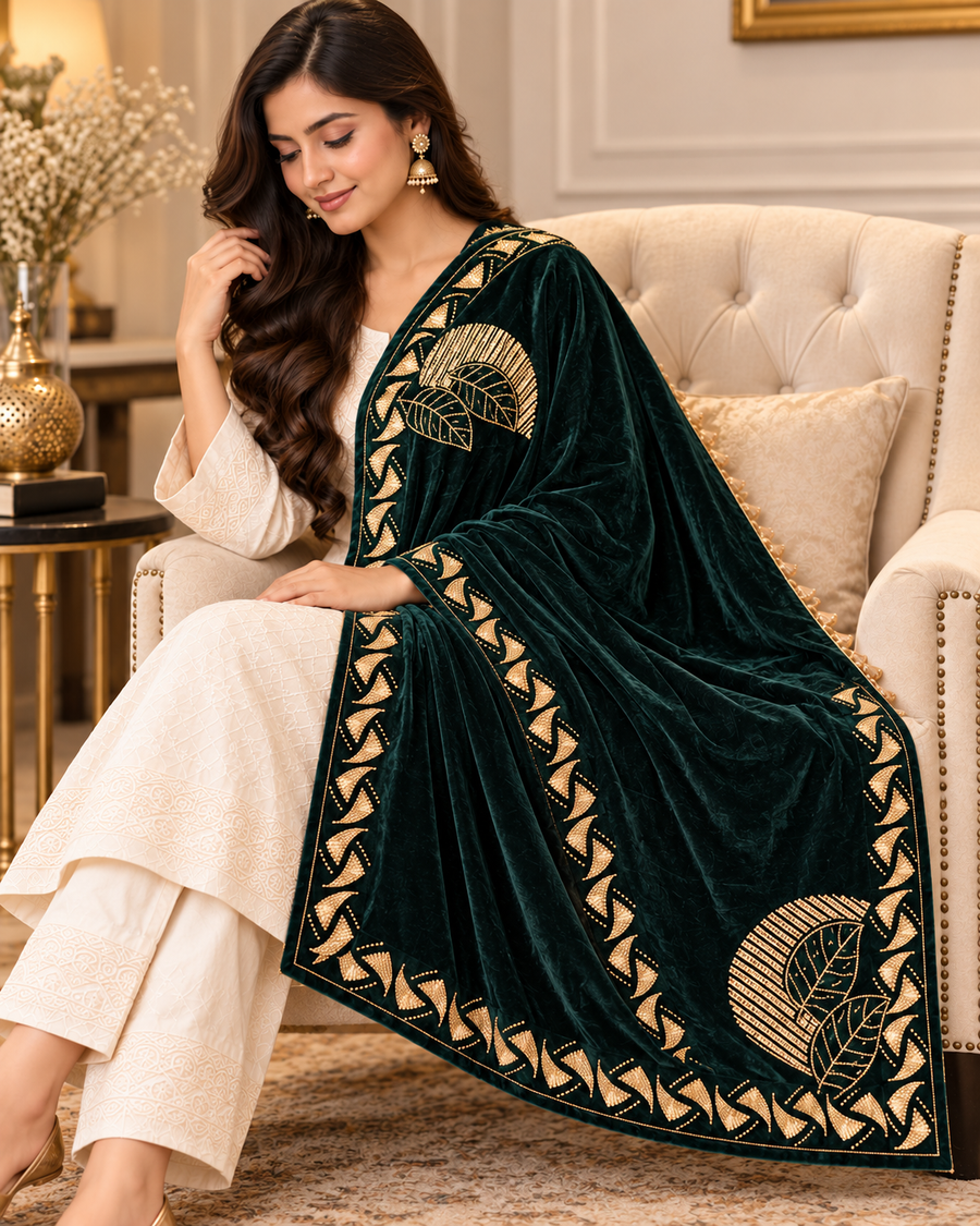 Luxury Deep Emerald Green Velvet Embroidered Shawl