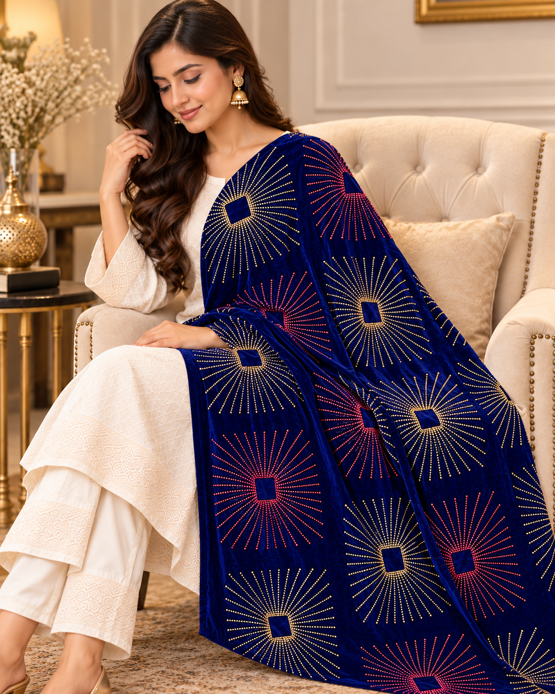 Royal Navy Blue Velvet Embroidered Shawl