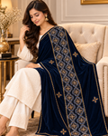 Royal Navy Blue Velvet Embroidered Shawl
