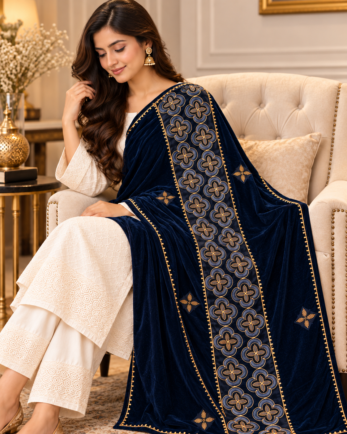 Royal Navy Blue Velvet Embroidered Shawl