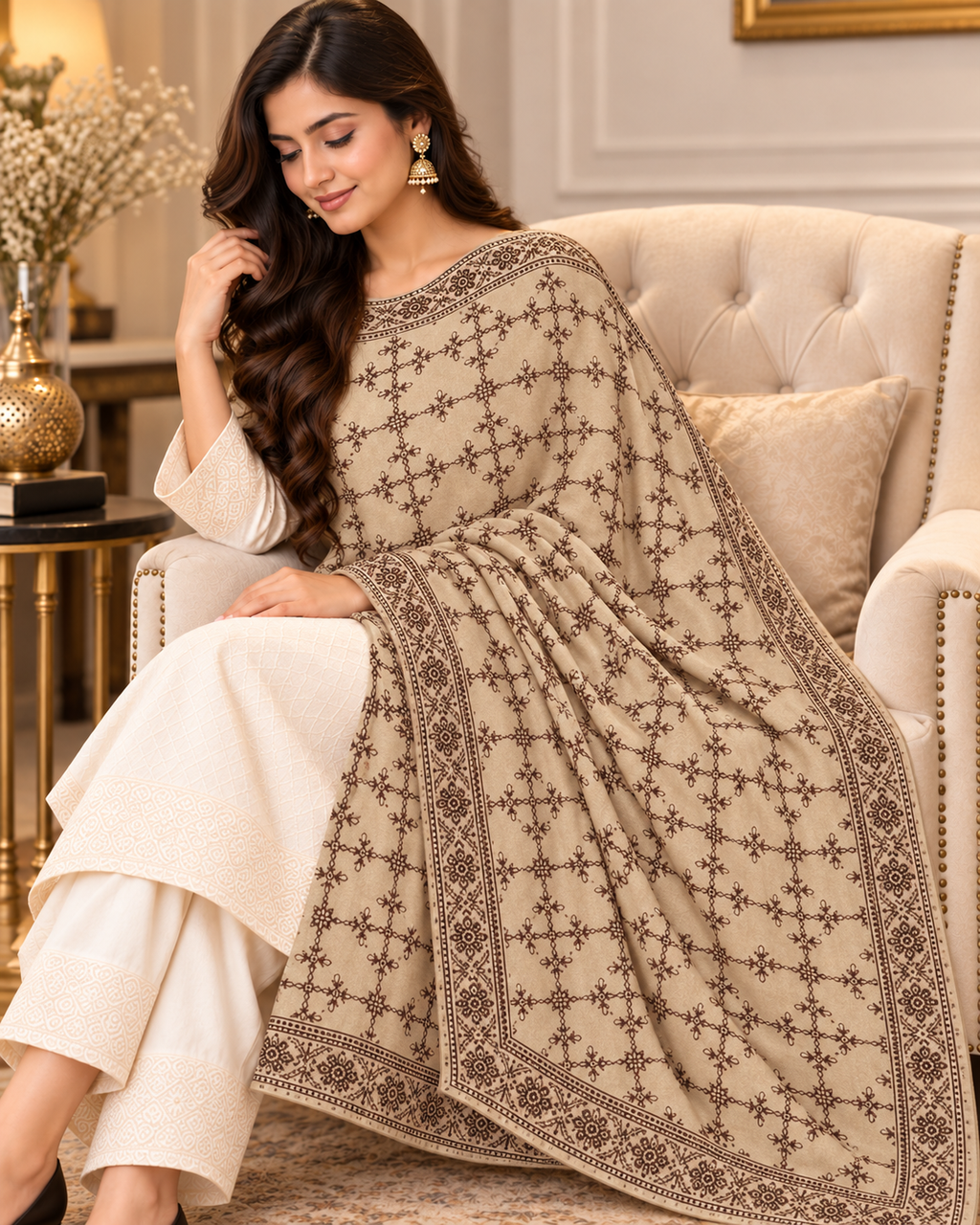 Elegant Beige Printed Shawl