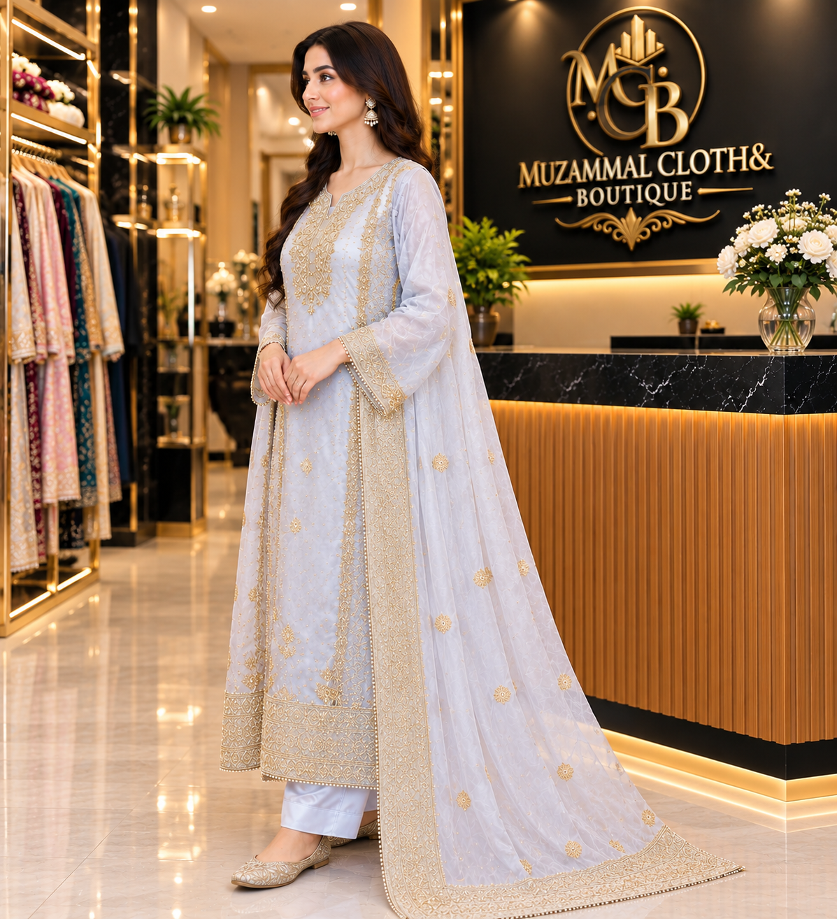 Pearl White & Gold Luxury Embroidered 3-Piece Suit