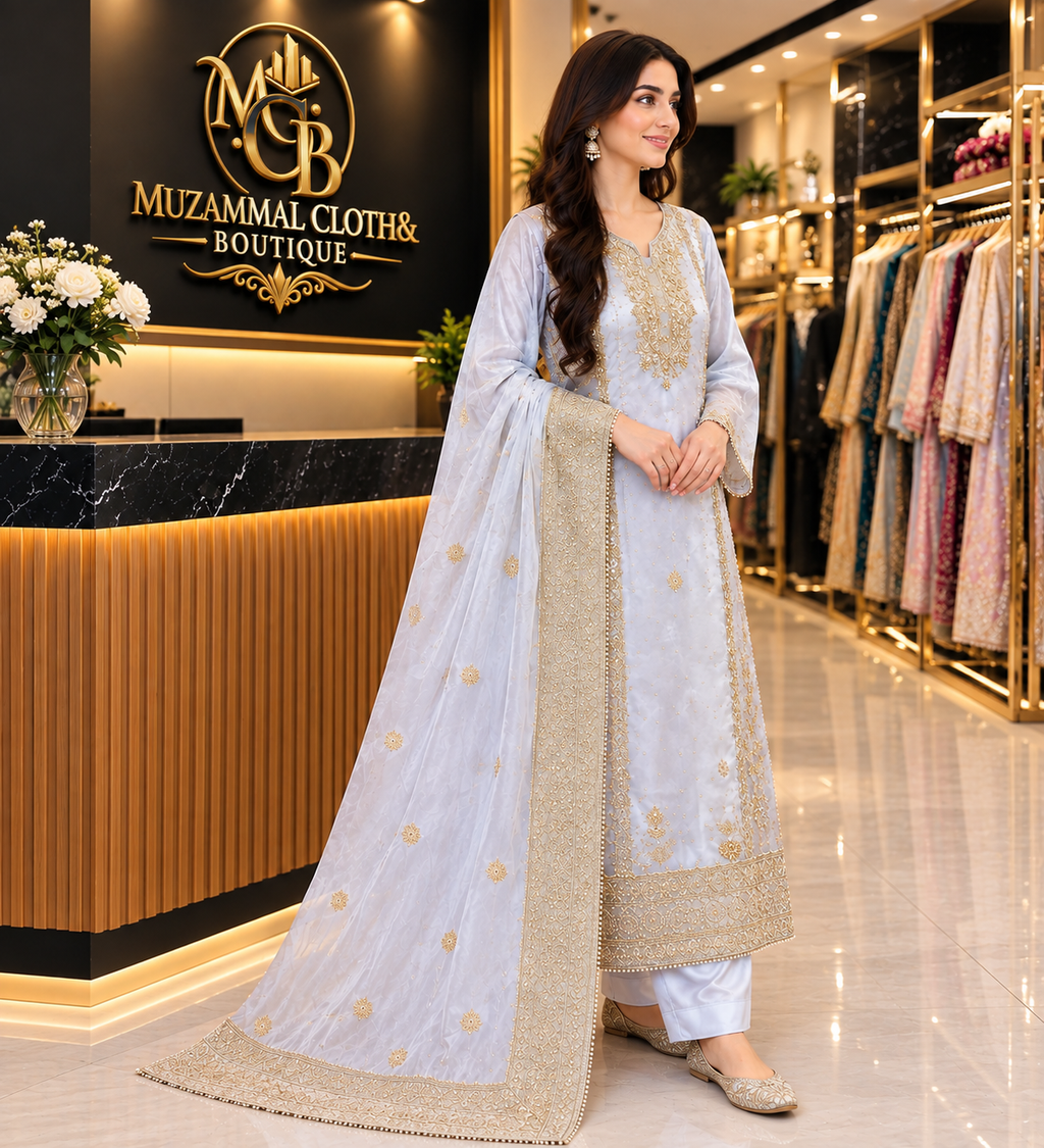 Pearl White & Gold Luxury Embroidered 3-Piece Suit