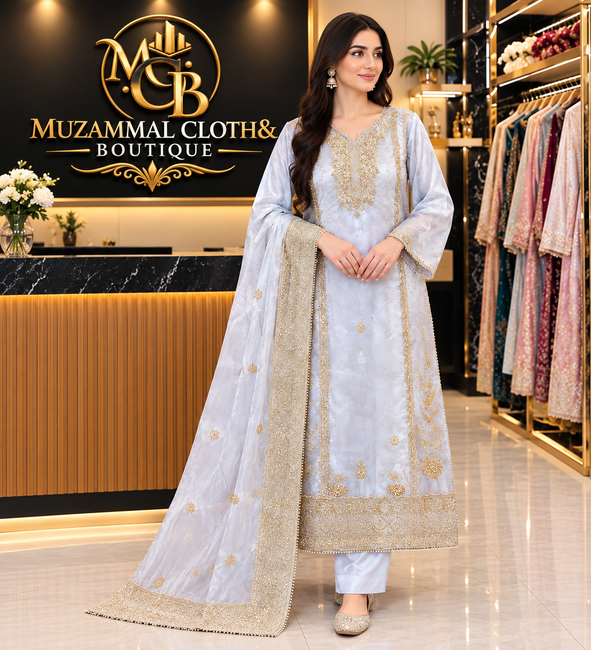 Pearl White & Gold Luxury Embroidered 3-Piece Suit