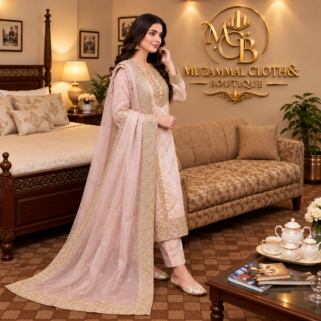 Blush Pink Luxury Embroidered 3-Piece Suit