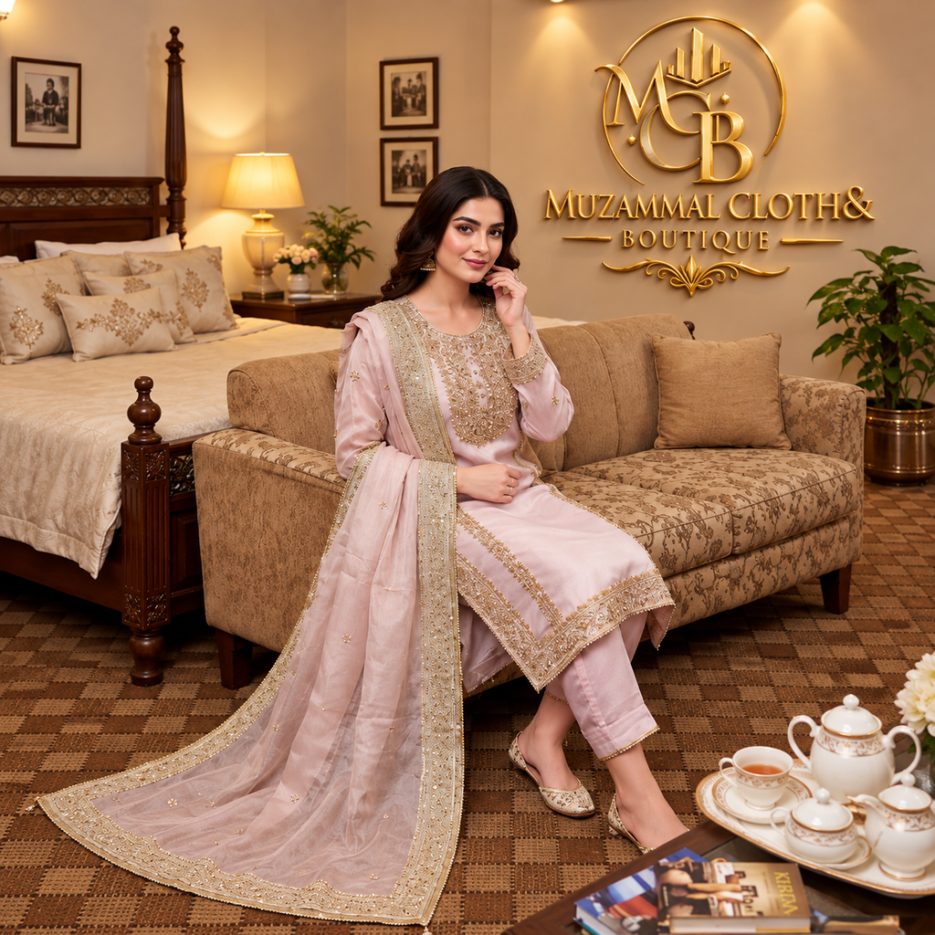 Blush Pink Luxury Embroidered 3-Piece Suit