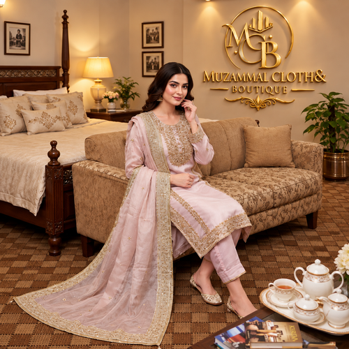 Blush Pink Luxury Embroidered 3-Piece Suit