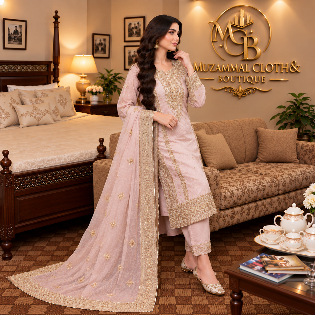 Blush Pink Luxury Embroidered 3-Piece Suit