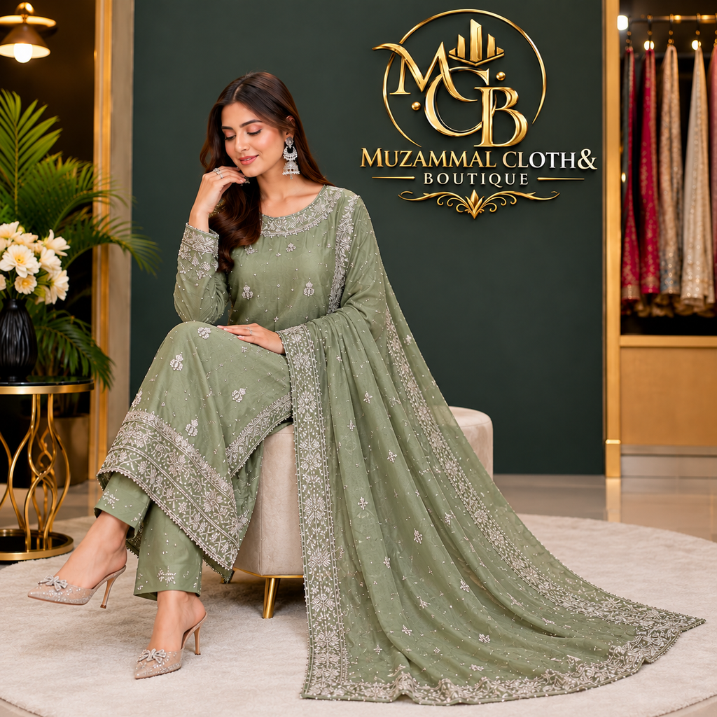 Sage Green Luxury Embroidered 3-Piece Suit