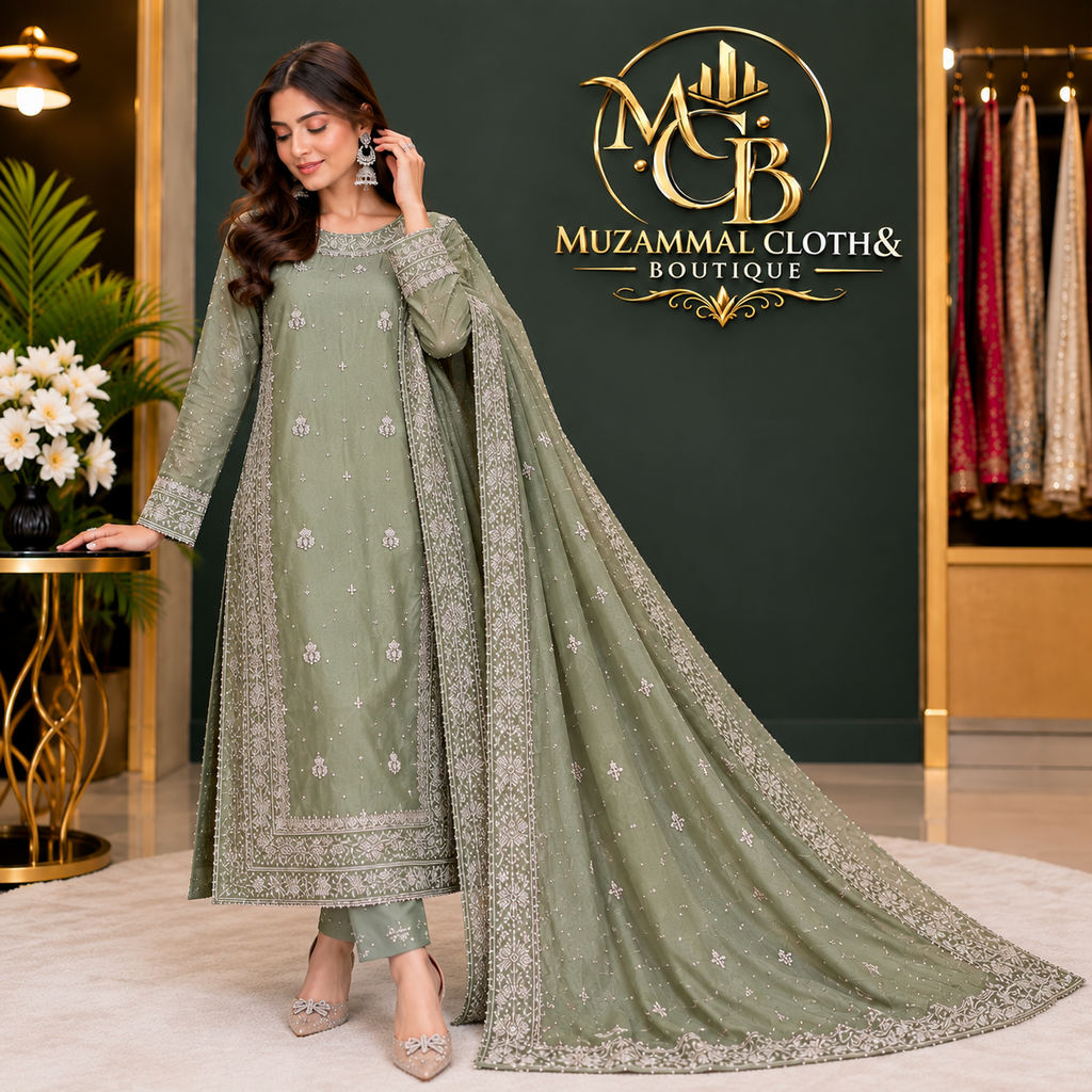 Sage Green Luxury Embroidered 3-Piece Suit