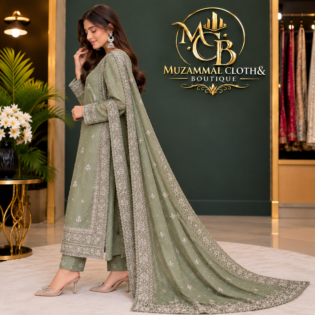 Sage Green Luxury Embroidered 3-Piece Suit