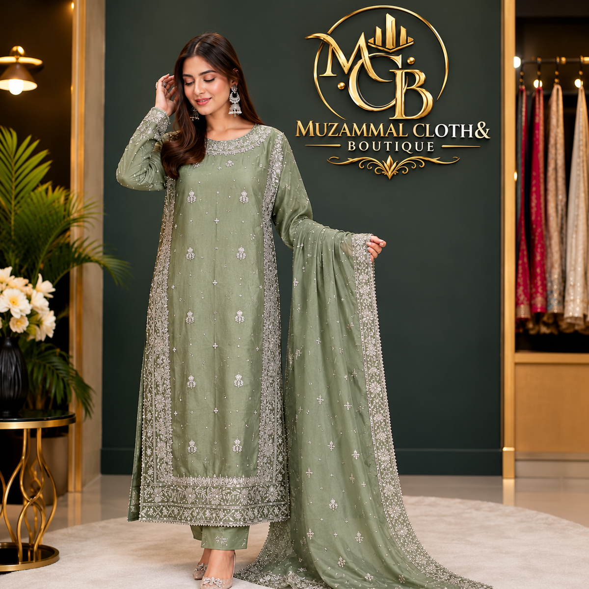 Sage Green Luxury Embroidered 3-Piece Suit