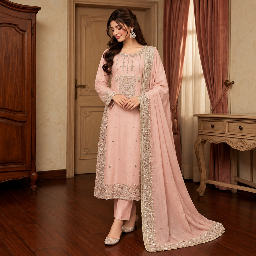 Blush Pink Pearl Embroidered 3-Piece Suit