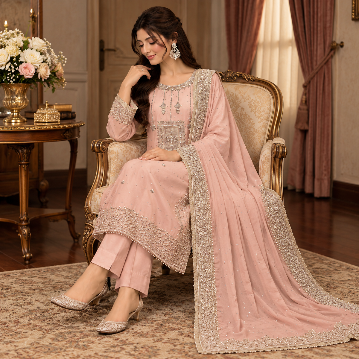Blush Pink Pearl Embroidered 3-Piece Suit