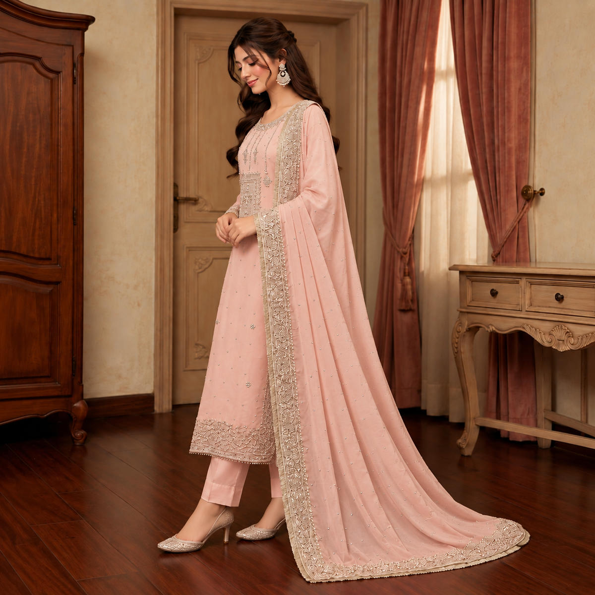 Blush Pink Pearl Embroidered 3-Piece Suit