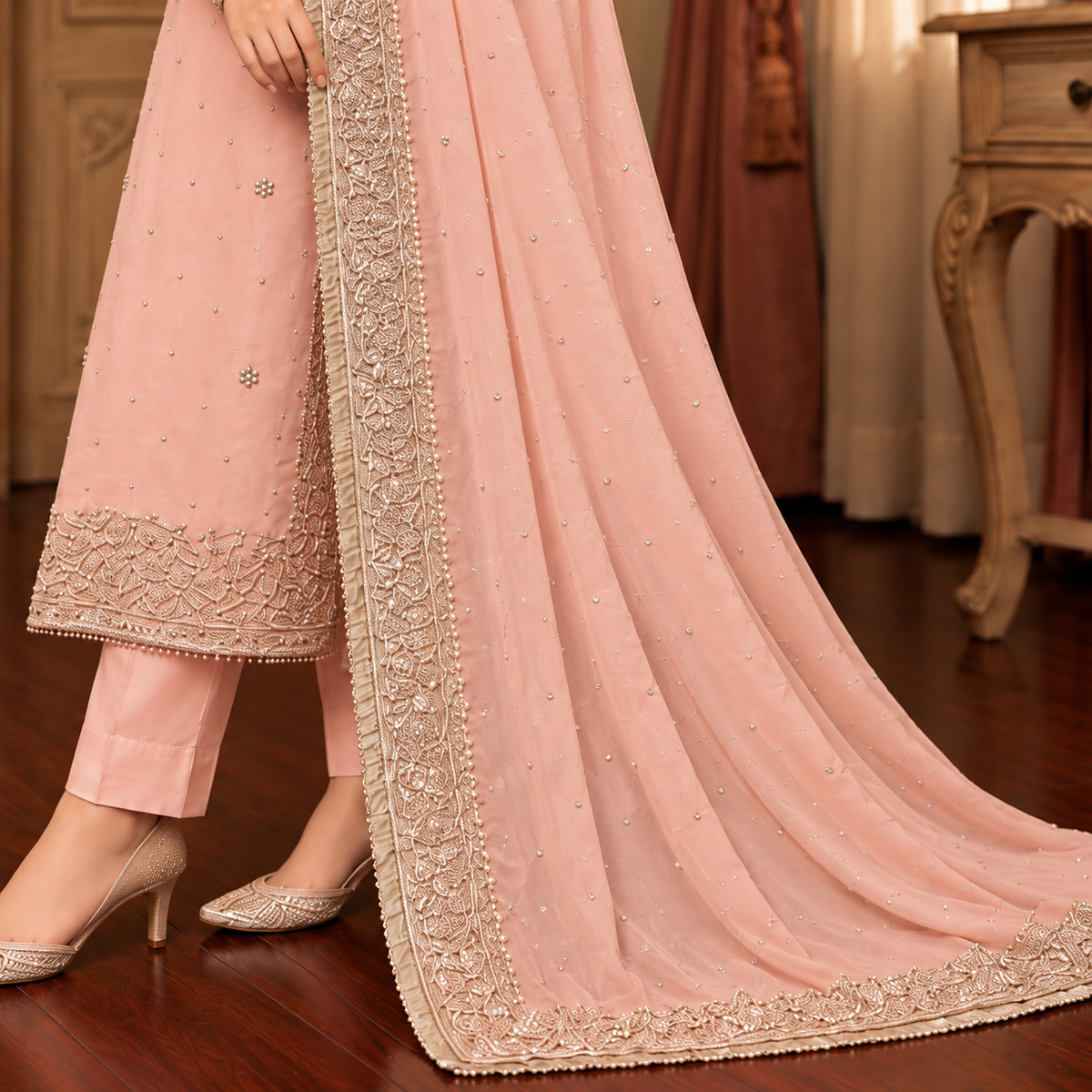 Blush Pink Pearl Embroidered 3-Piece Suit