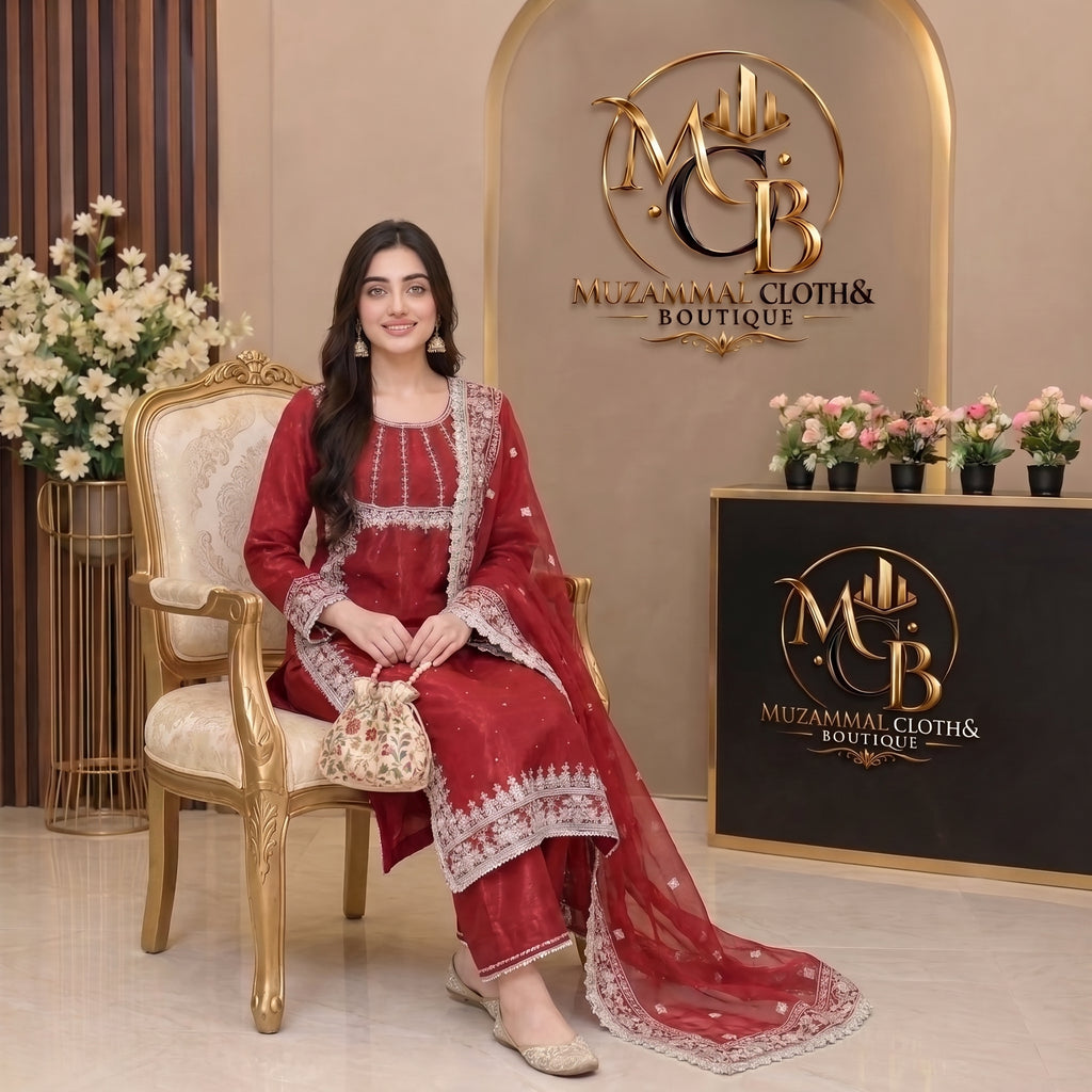 Ruby Red Embroidered 3-Piece Suit with Organza Dupatta