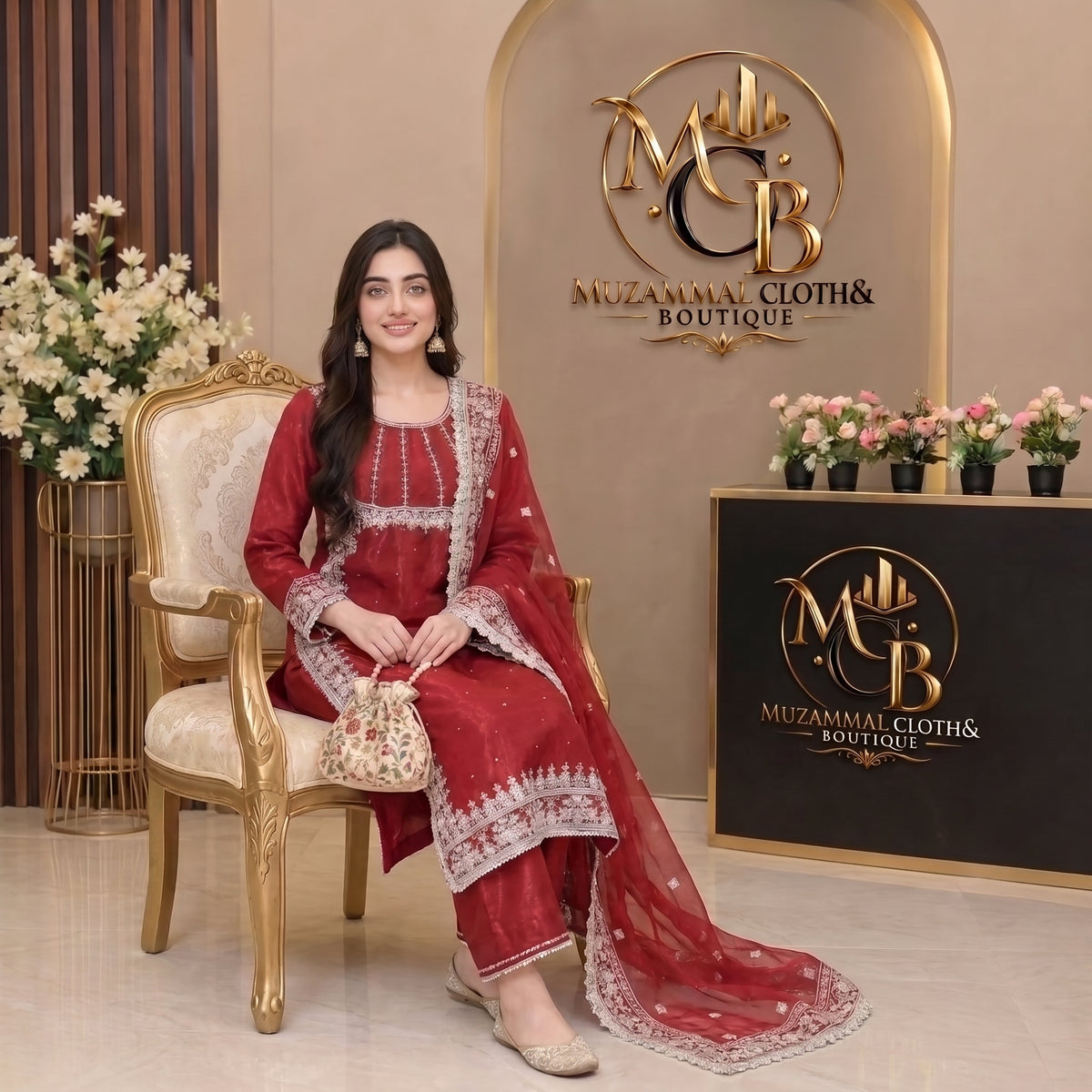 Ruby Red Embroidered 3-Piece Suit with Organza Dupatta