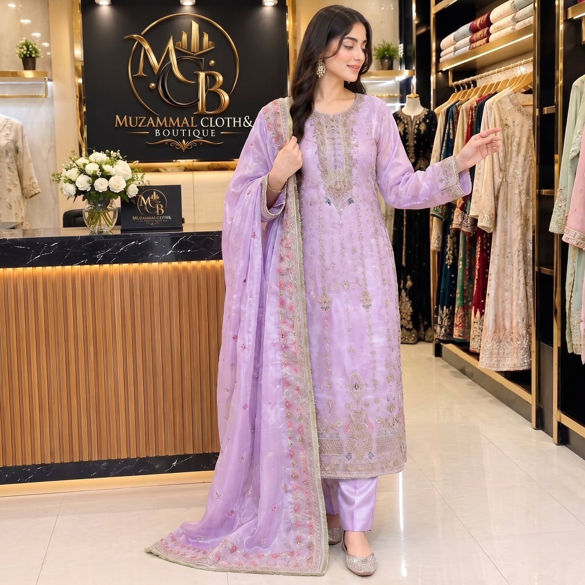 Lavender Lilac Luxury Embroidered 3-Piece Suit