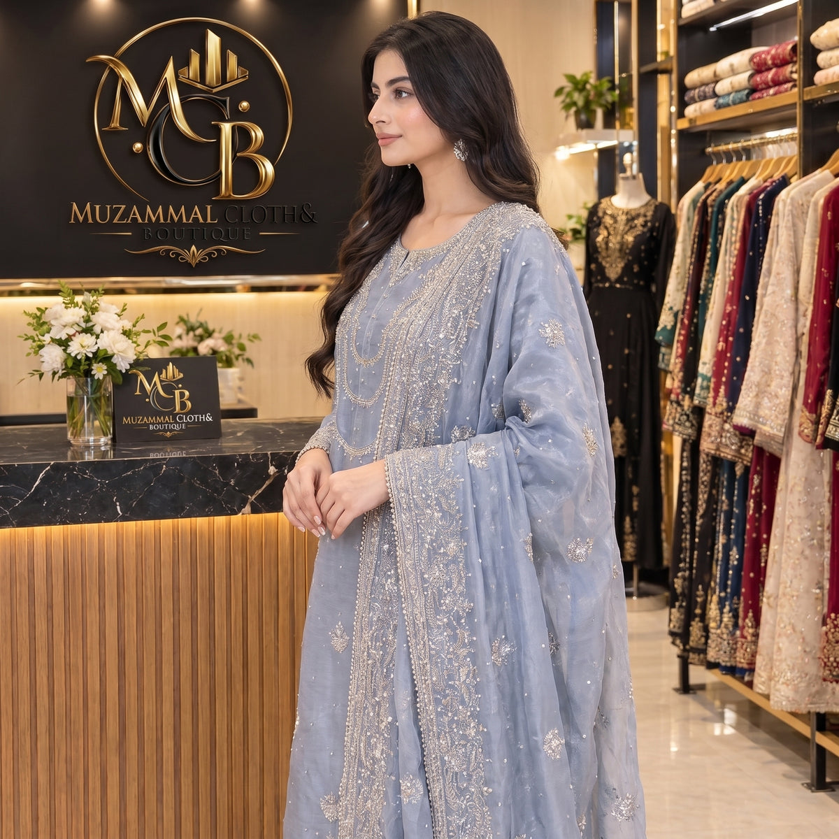 Ice Blue Luxury Embroidered 3-Piece Suit