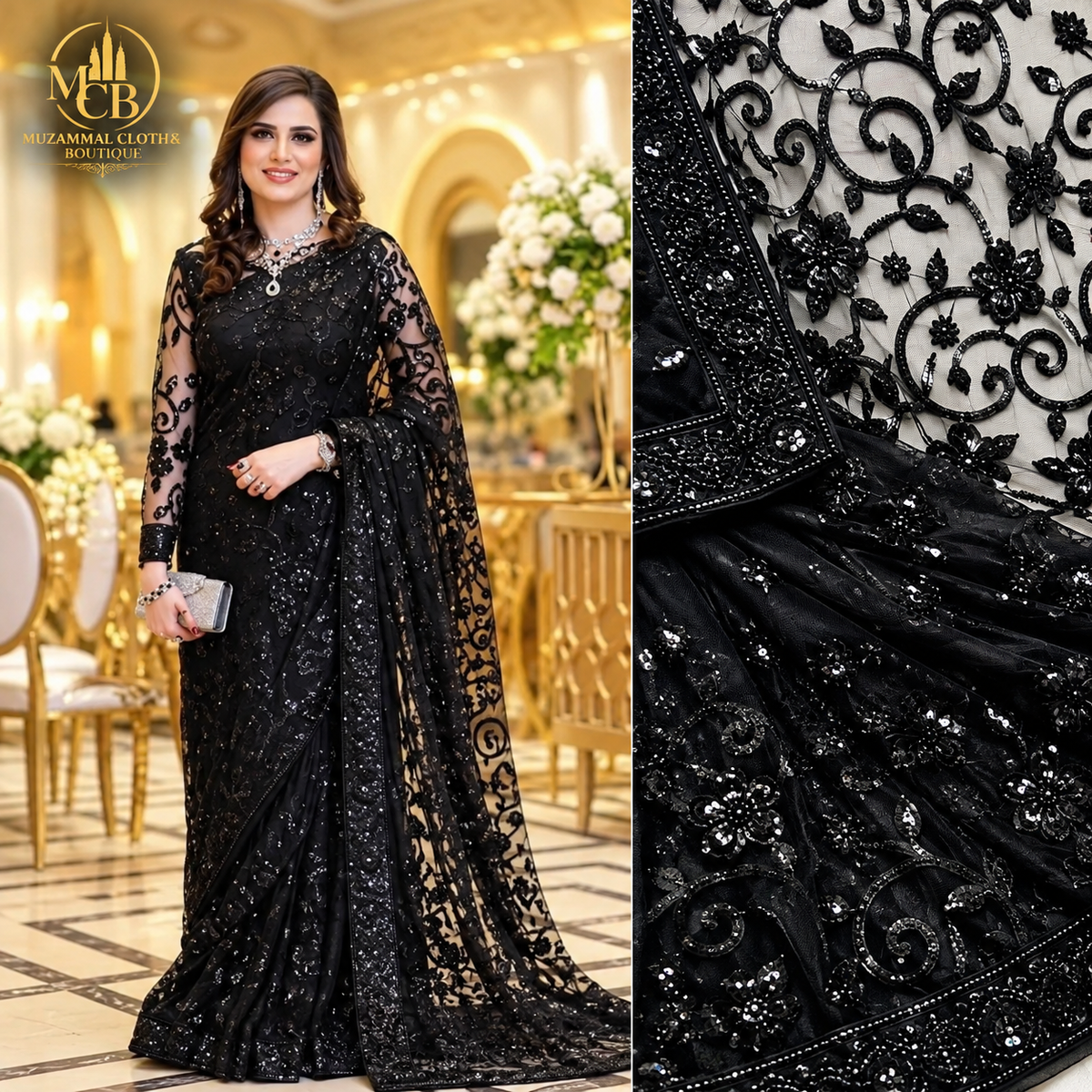 Royal Black Embroidered Sequin Saree – Luxury Party Wear