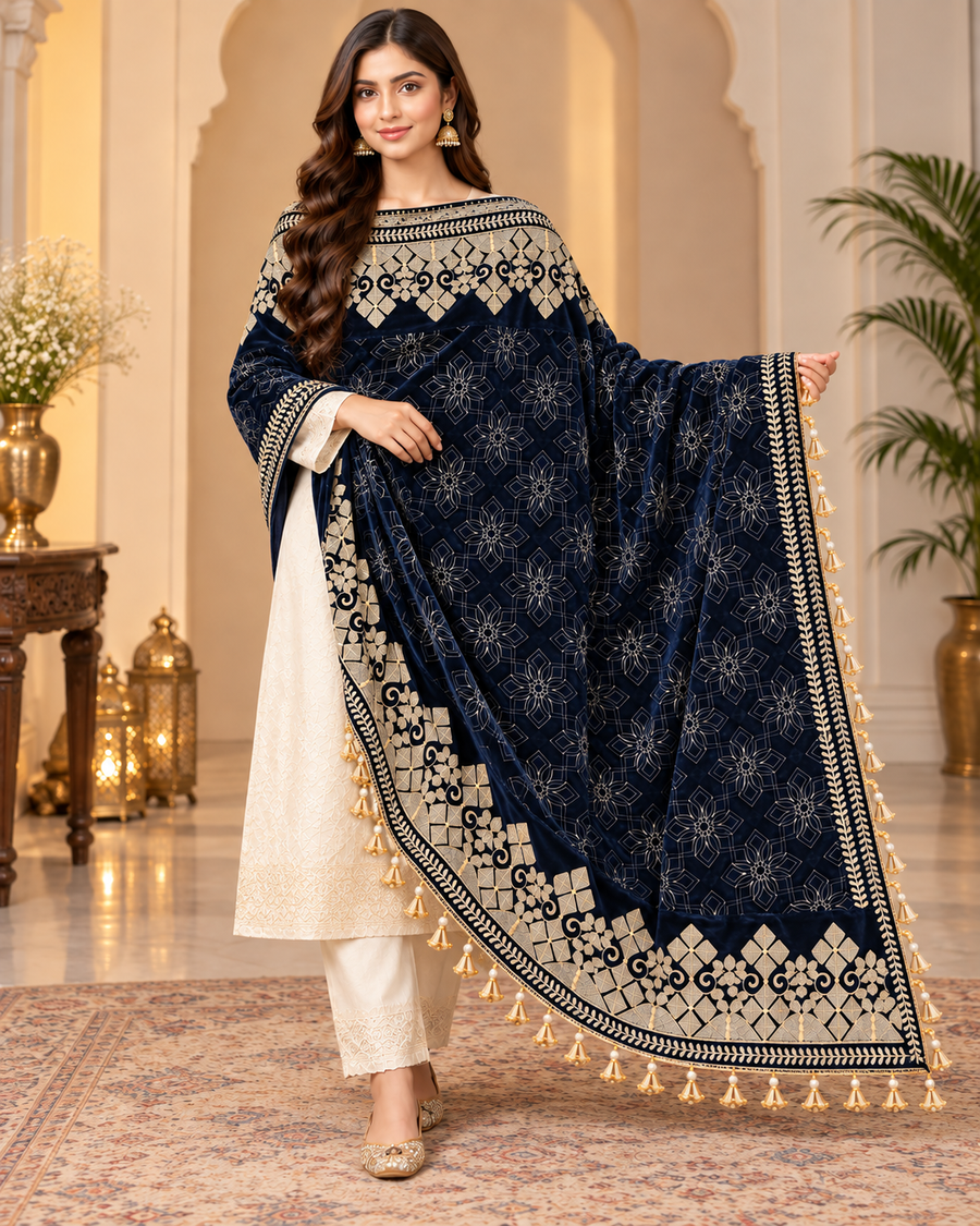 Royal Navy Blue Velvet Embroidered Shawl