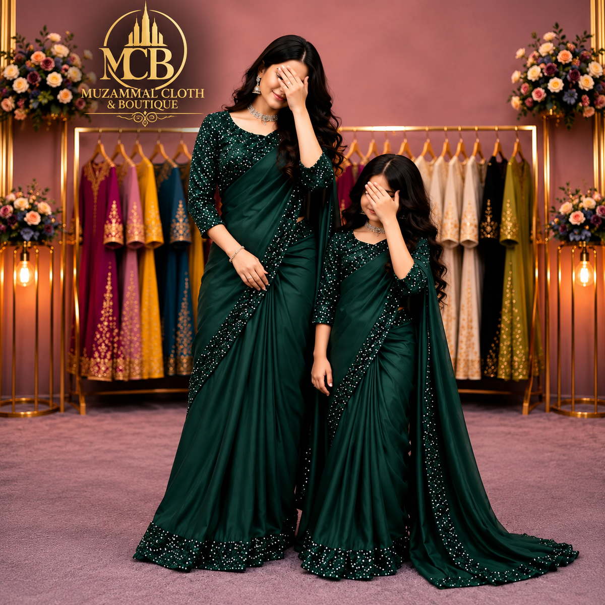 Women & Kids Emerald Green Shamoz & Moonlight Saree Product