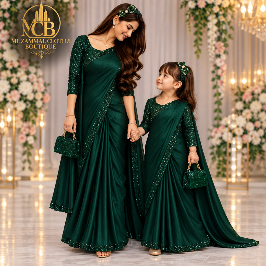 Women & Kids Emerald Green Shamoz & Moonlight Saree Product