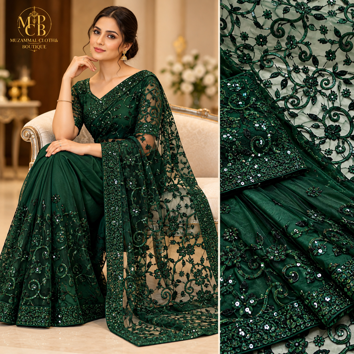 Royal Emerald Green Embroidered Sequin Saree – Luxury Party Wear