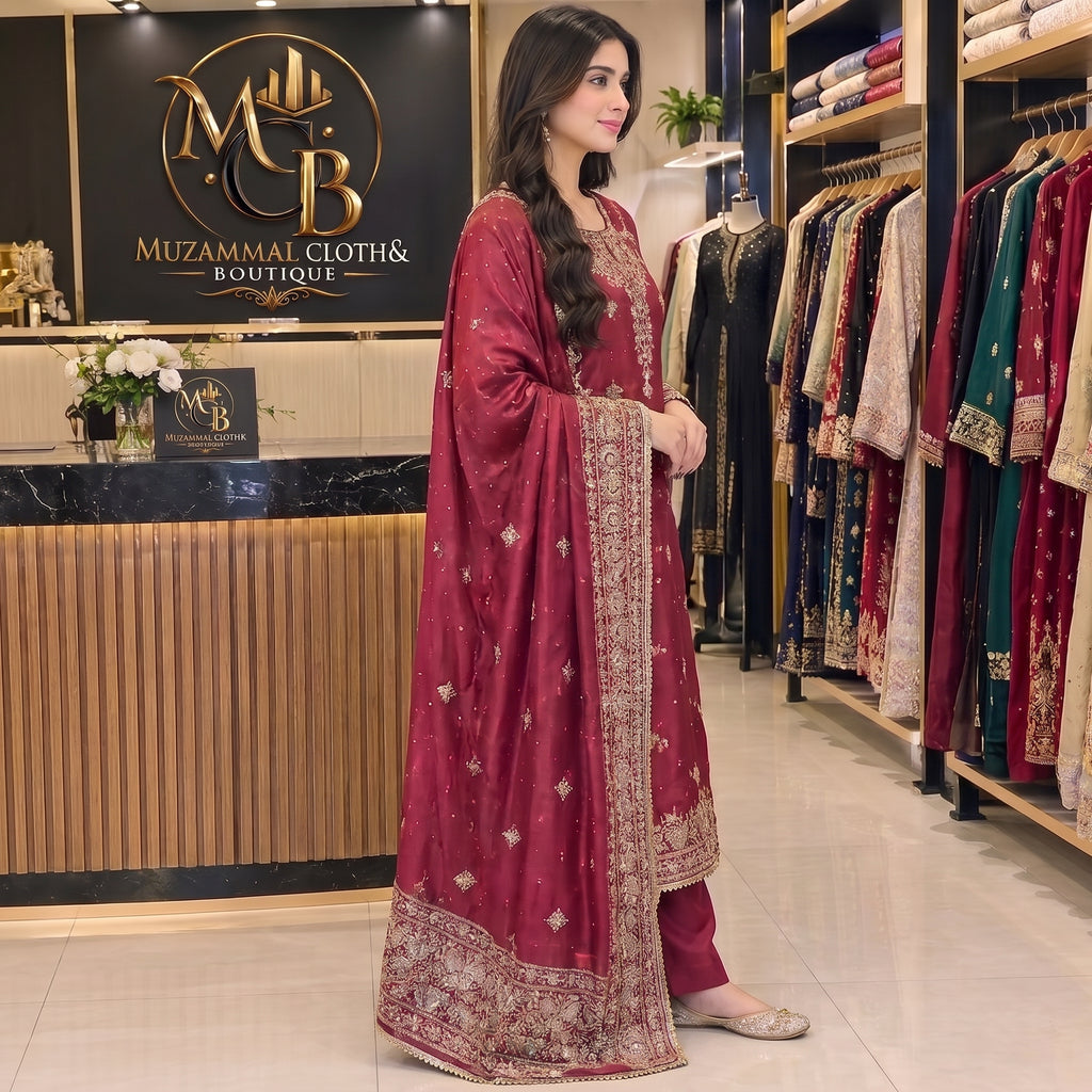 Royal Maroon Embroidered 3-Piece Suit – Luxury Festive Collection