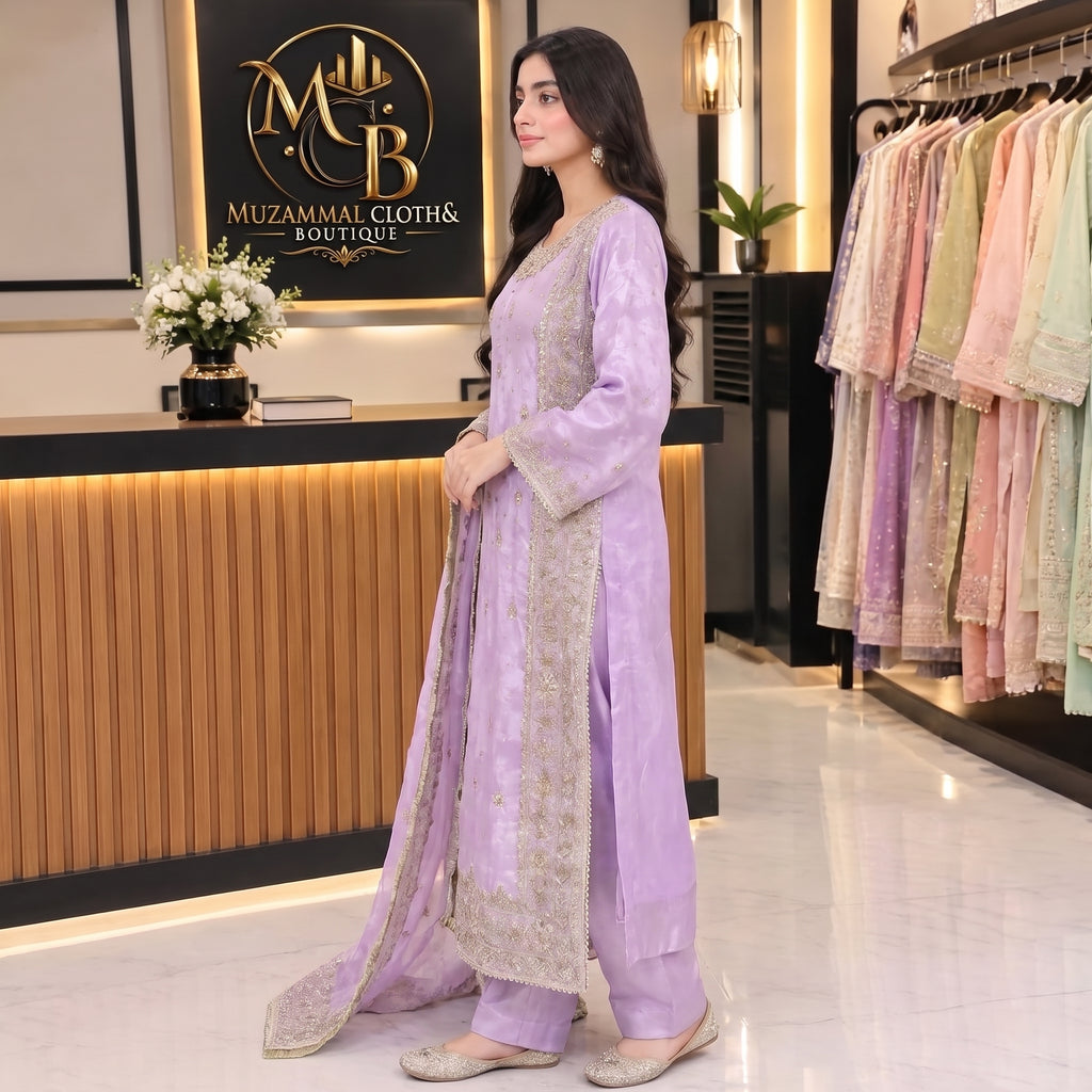 Lavender Pearl Embroidered 3-Piece Suit