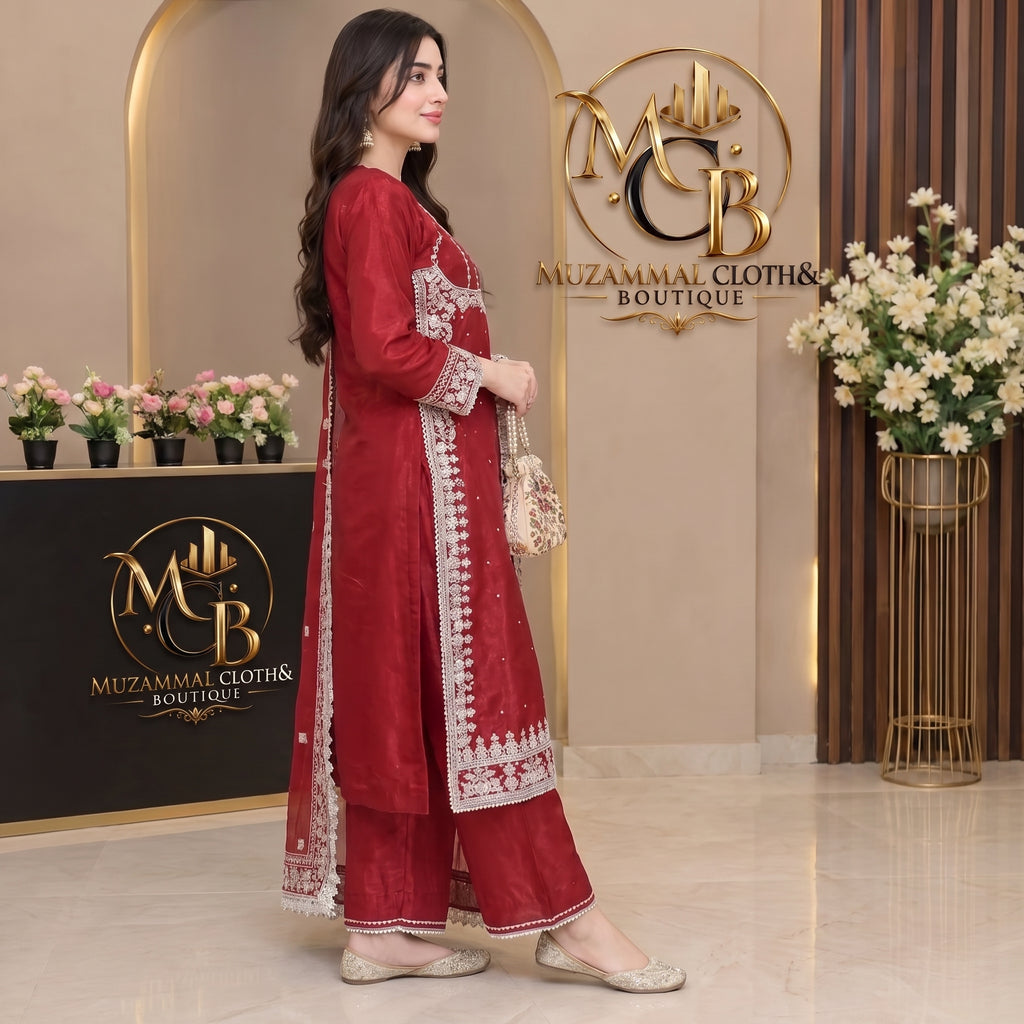 Ruby Red Embroidered 3-Piece Suit with Organza Dupatta