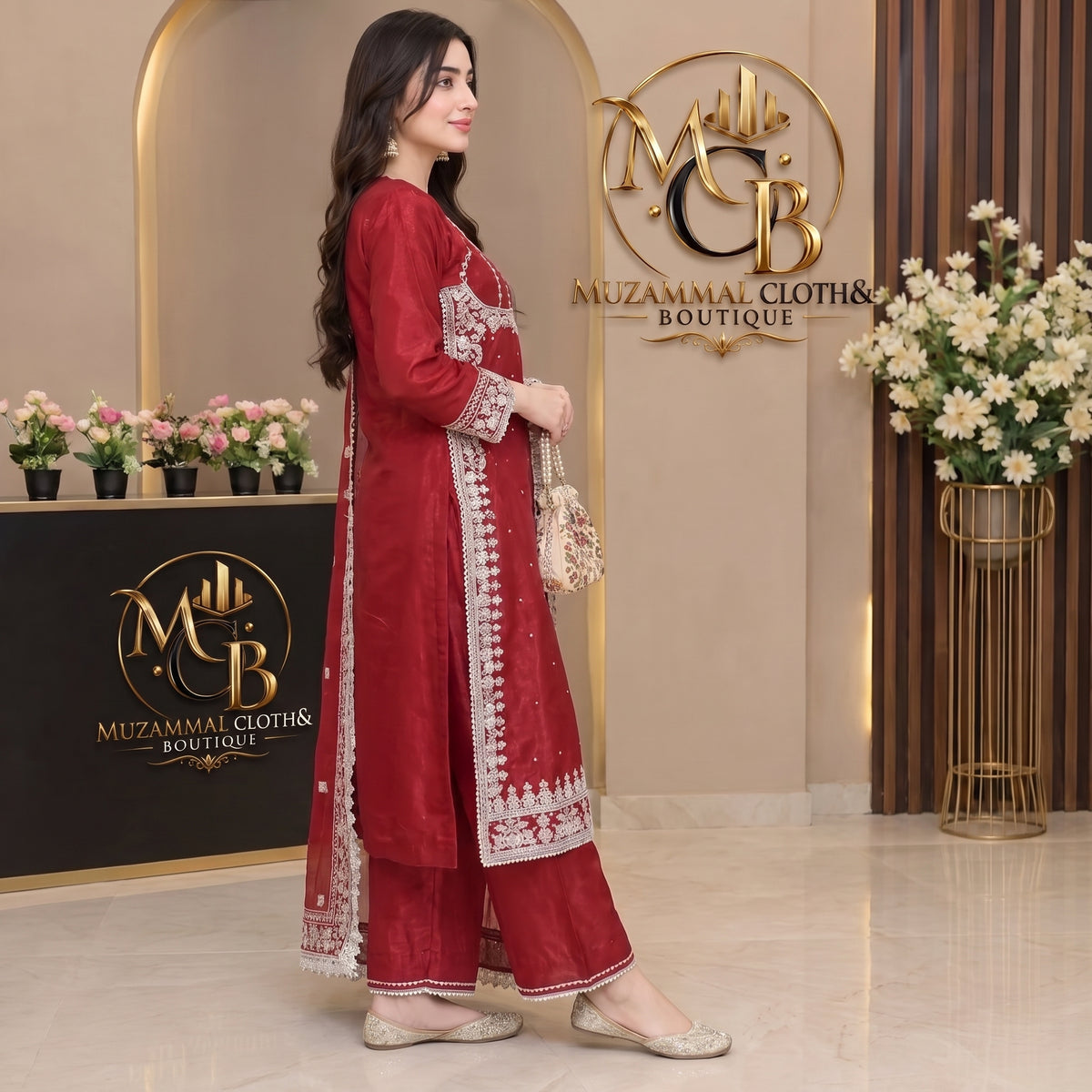 Ruby Red Embroidered 3-Piece Suit with Organza Dupatta