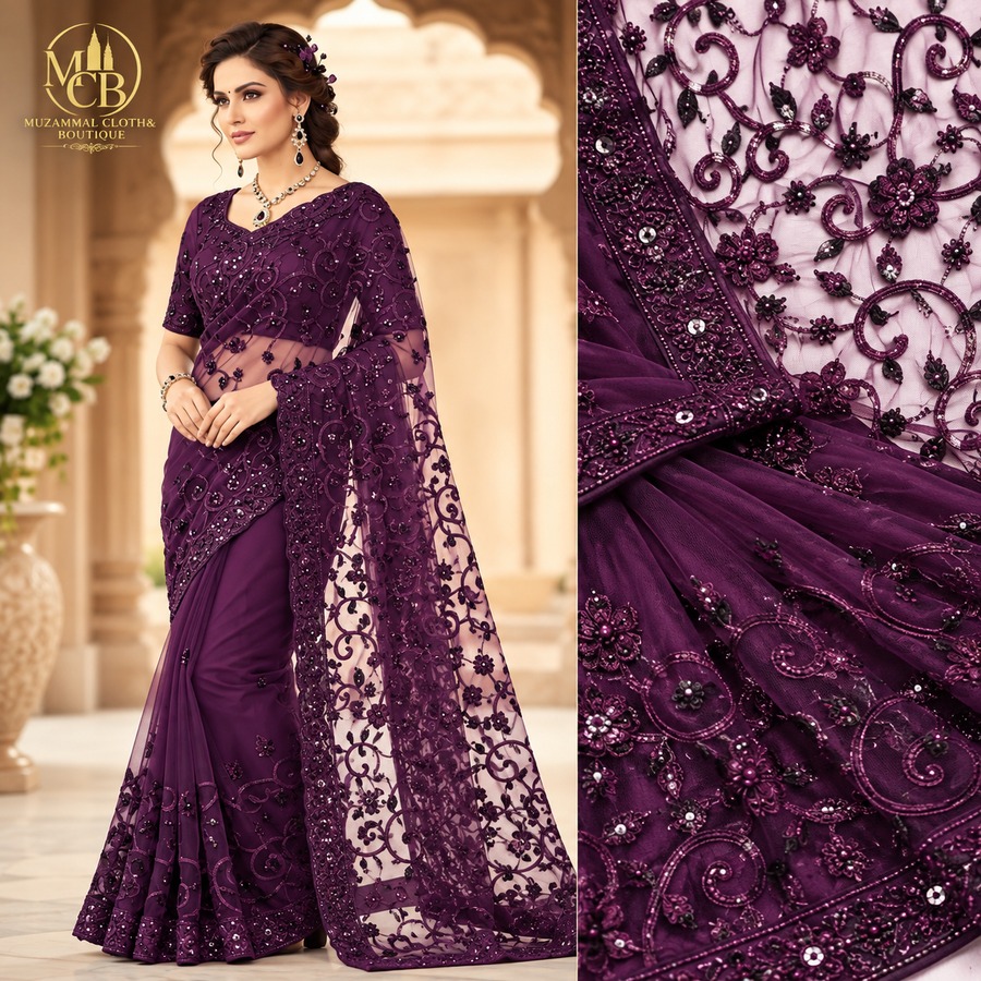 Royal Plum Purple Embroidered Sequin Saree – Luxury Party Wear