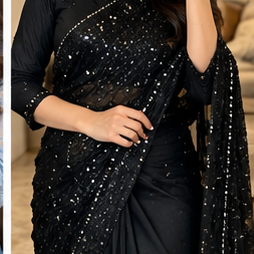 Deep Teal Velvet Embellished Saree